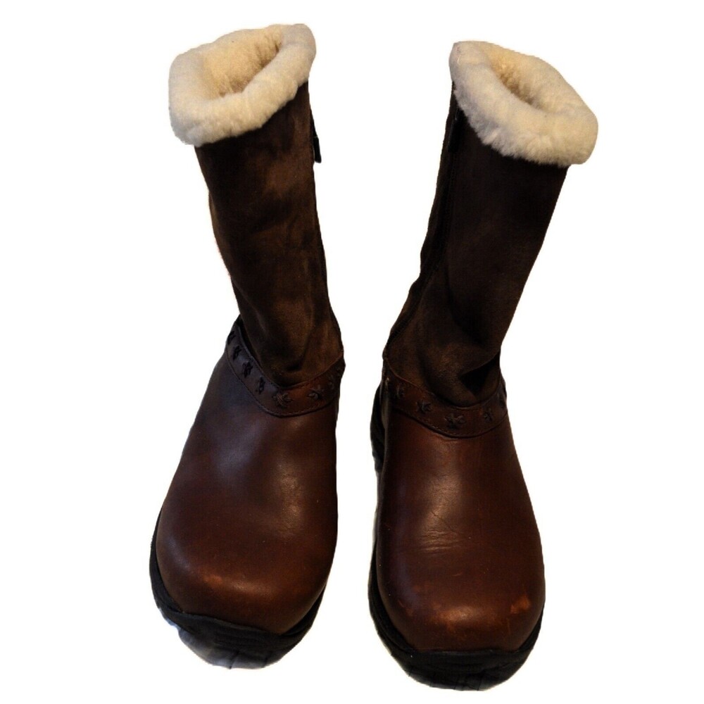 LL Bean Womens Brown Leather & Suede Shearling Lined Mid Calf Boots Cabin 6M